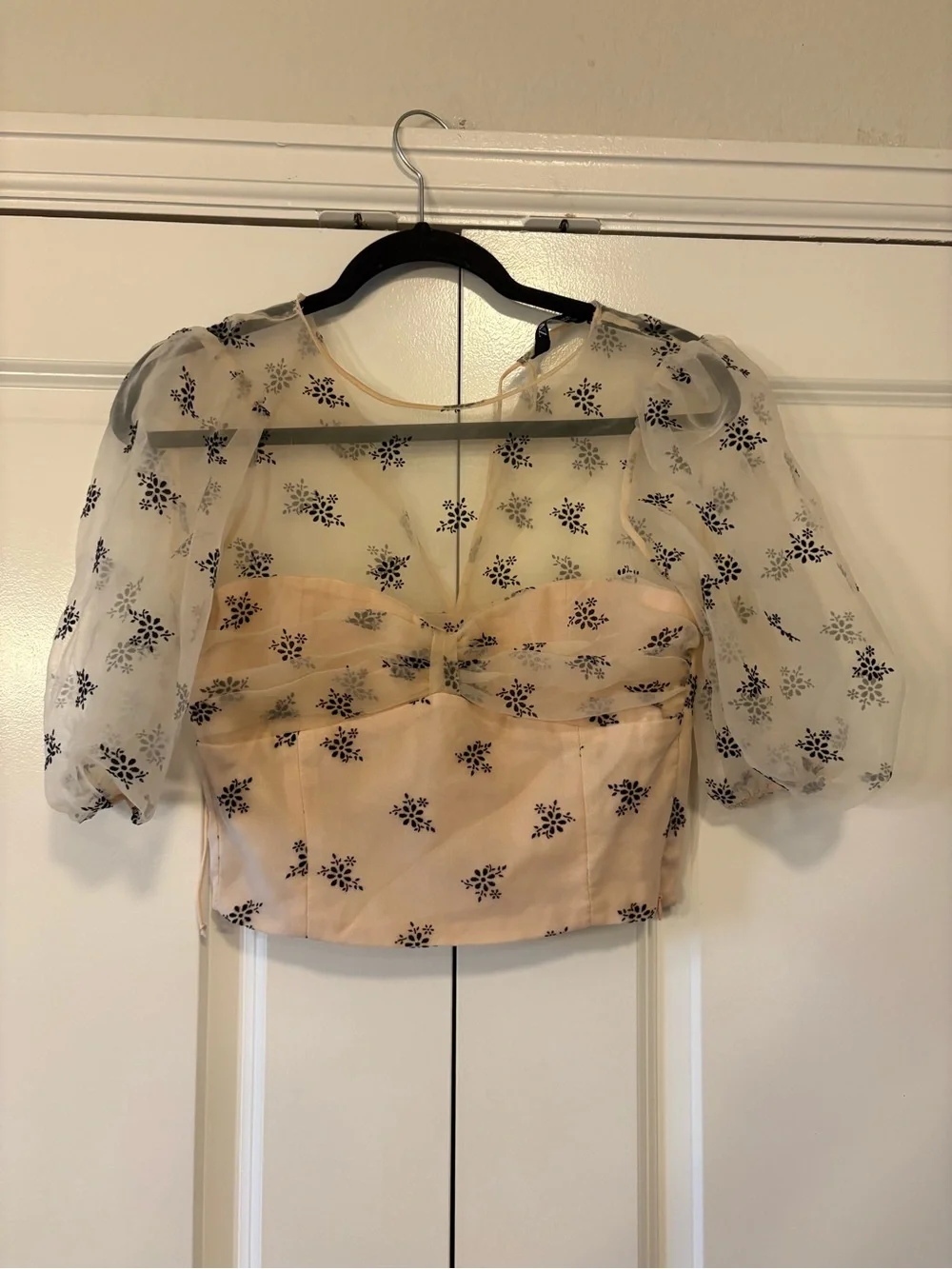 Zara Puff Sleeved Corset Top Size XS Beige Floral Crop Organza